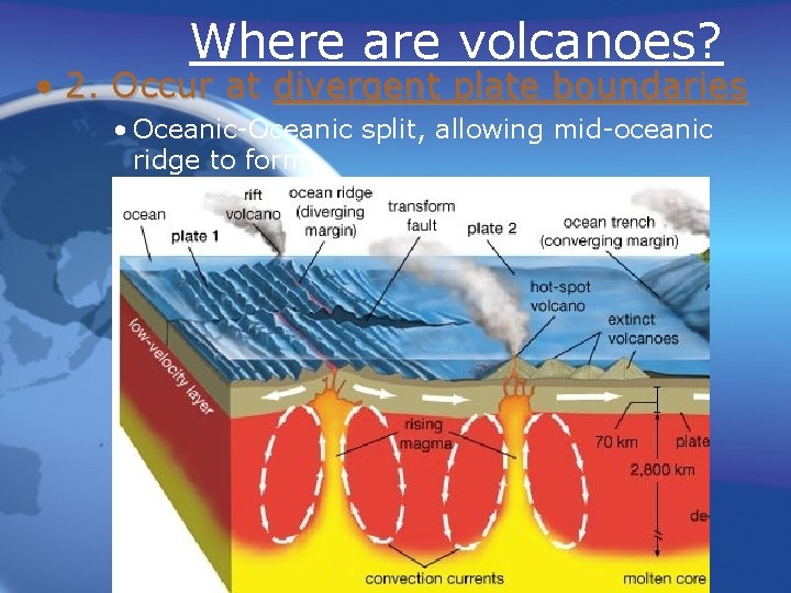 Where are volcanoes? • 2. Occur at divergent plate boundaries • Oceanic-Oceanic split, allowing