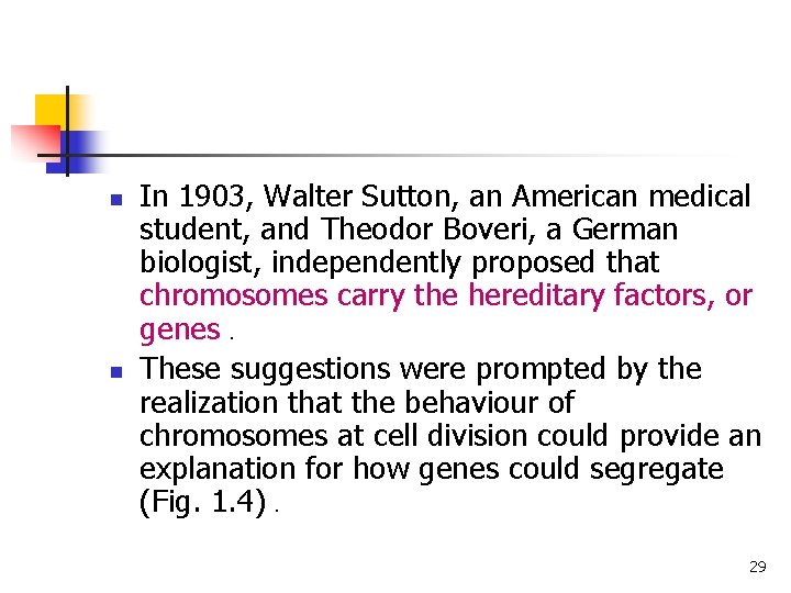 n n In 1903, Walter Sutton, an American medical student, and Theodor Boveri, a n n In 1903, Walter Sutton, an American medical student, and Theodor Boveri, a
