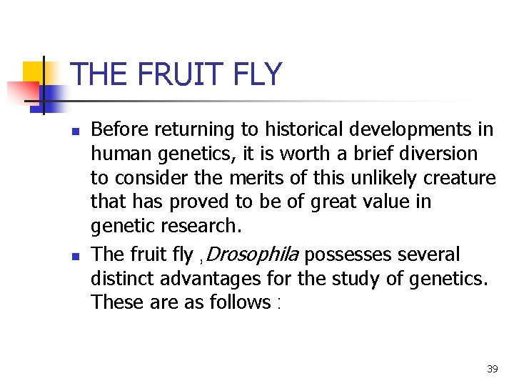 THE FRUIT FLY n n Before returning to historical developments in human genetics, it THE FRUIT FLY n n Before returning to historical developments in human genetics, it