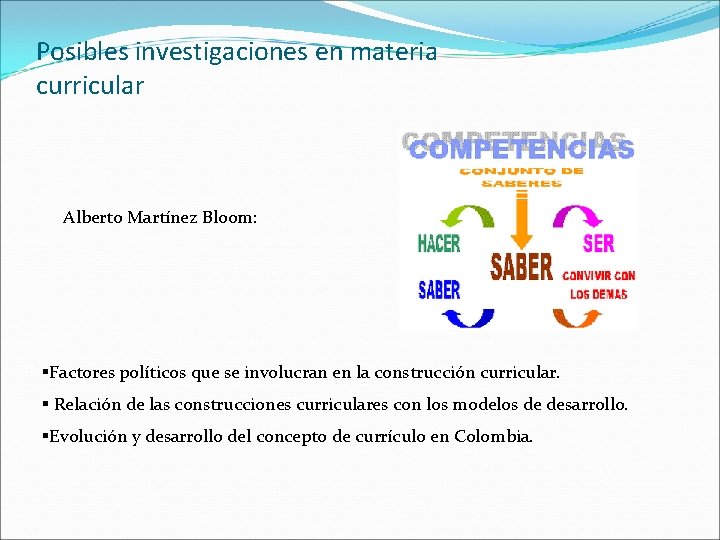 Posibles investigaciones en materia curricular Alberto Martínez Bloom: §Factores políticos que se involucran en