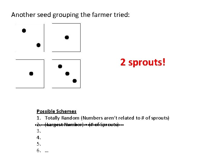 Another seed grouping the farmer tried: 2 sprouts! Possible Schemes 1. Totally Random (Numbers