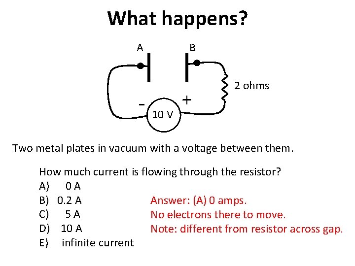 What happens? A B - 10 V + 2 ohms Two metal plates in