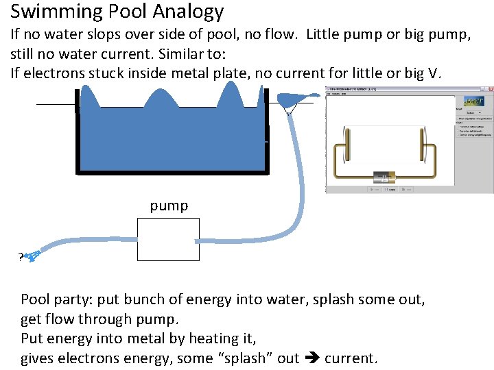 Swimming Pool Analogy If no water slops over side of pool, no flow. Little