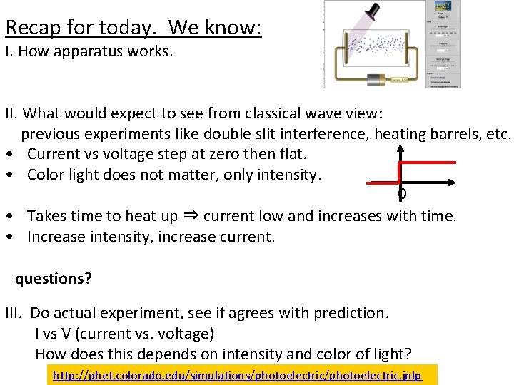 Recap for today. We know: I. How apparatus works. II. What would expect to