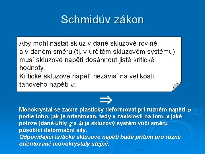 Schmidův zákon Aby mohl nastat skluz v dané skluzové rovině a v daném směru