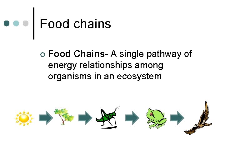 Food chains ¢ Food Chains- A single pathway of energy relationships among organisms in Food chains ¢ Food Chains- A single pathway of energy relationships among organisms in