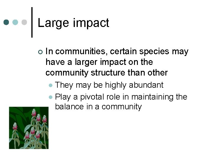 Large impact ¢ In communities, certain species may have a larger impact on the Large impact ¢ In communities, certain species may have a larger impact on the