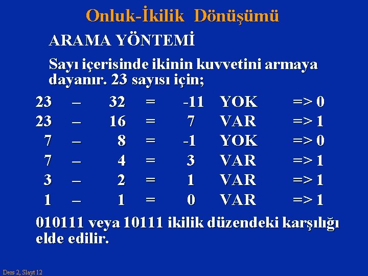 Onluk-İkilik Dönüşümü ARAMA YÖNTEMİ Sayı içerisinde ikinin kuvvetini armaya dayanır. 23 sayısı için; 23