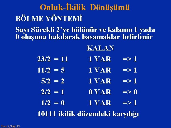 Onluk-İkilik Dönüşümü BÖLME YÖNTEMİ Sayı Sürekli 2’ye bölünür ve kalanın 1 yada 0 oluşuna