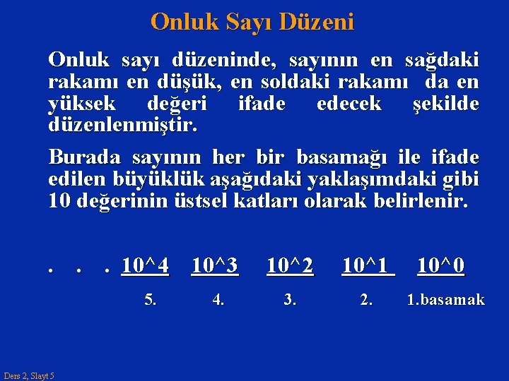 Onluk Sayı Düzeni Onluk sayı düzeninde, sayının en sağdaki rakamı en düşük, en soldaki