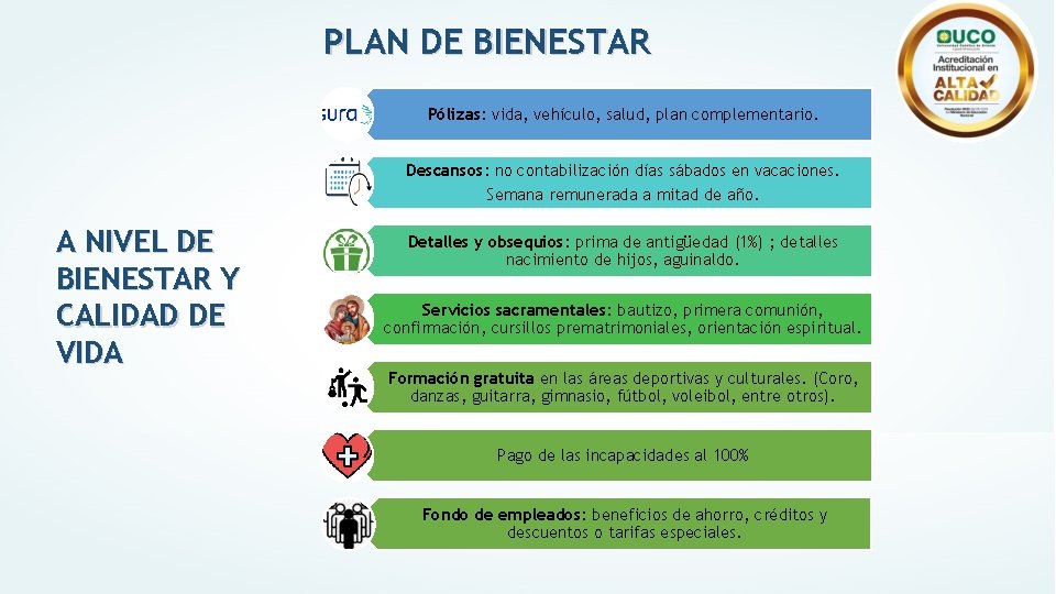 PLAN DE BIENESTAR Pólizas: vida, vehículo, salud, plan complementario. Descansos: no contabilización días sábados