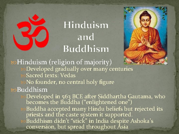 Hinduism and Buddhism Hinduism (religion of majority) Developed gradually over many centuries Sacred texts: