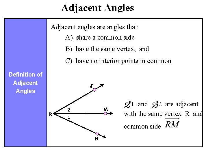 Adjacent Angles Adjacent angles are angles that: A) share a common side B) have