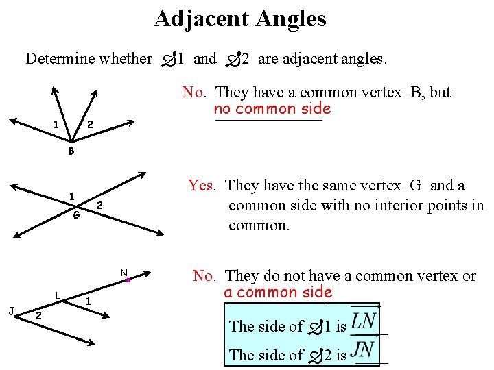 Adjacent Angles Determine whether 1 and 2 are adjacent angles. No. They have a