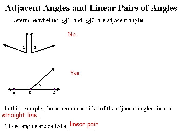 Adjacent Angles and Linear Pairs of Angles Determine whether 1 and 2 are adjacent