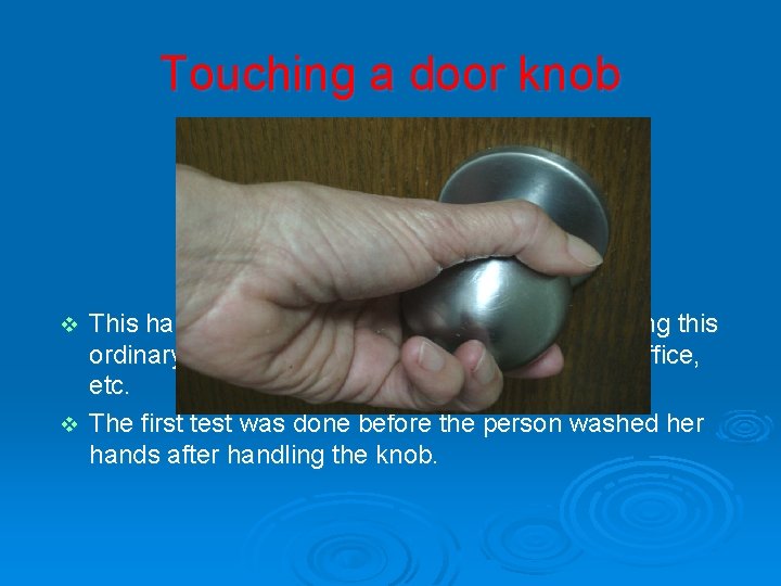 Touching a door knob This hand was analyzed for bacteria after handling this ordinary