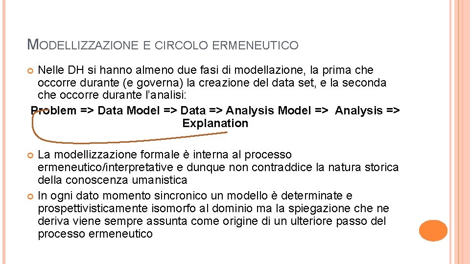 MODELLIZZAZIONE E CIRCOLO ERMENEUTICO Nelle DH si hanno almeno due fasi di modellazione, la