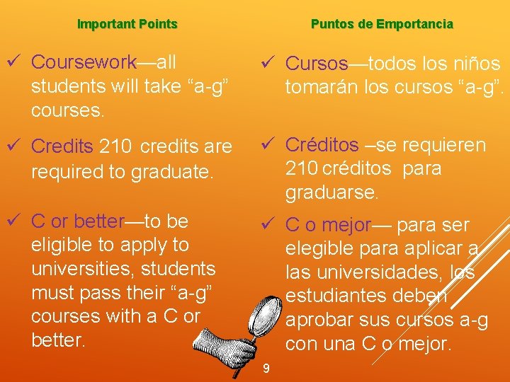 Puntos de Emportancia Important Points ü Coursework—all students will take “a-g” courses. ü Cursos—todos