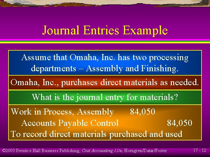 Process Journal Entries Examples Process Costing 2003 Prentice Hall Business Publishing Cost