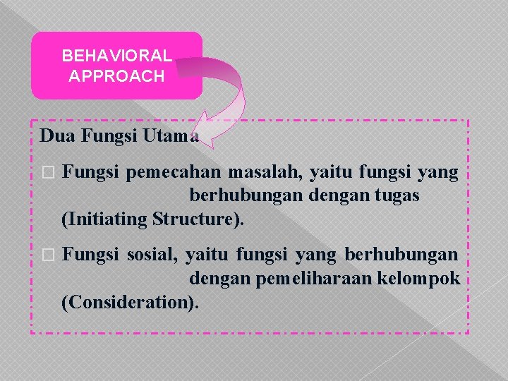 BEHAVIORAL APPROACH Dua Fungsi Utama � Fungsi pemecahan masalah, yaitu fungsi yang berhubungan dengan