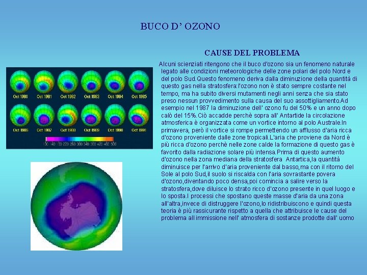 BUCO D’ OZONO CAUSE DEL PROBLEMA Alcuni scienziati ritengono che il buco d’ozono sia