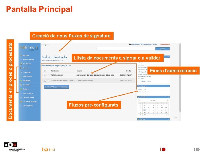 Pantalla Principal Documents en procés o processats Creació de nous fluxos de signatura Llista