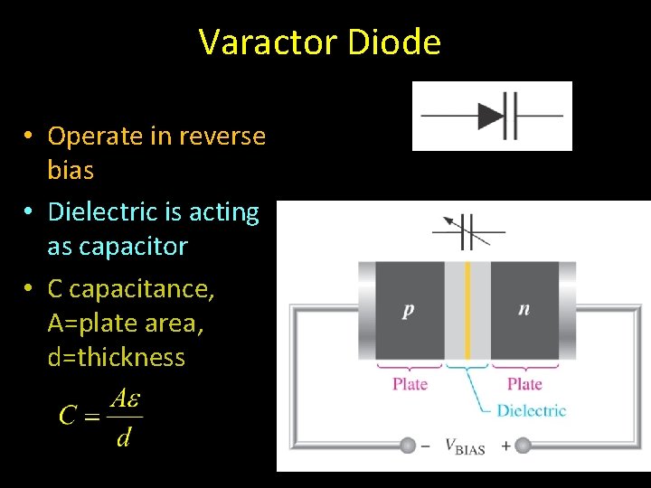 Varactor Diode • Operate in reverse bias • Dielectric is acting as capacitor •