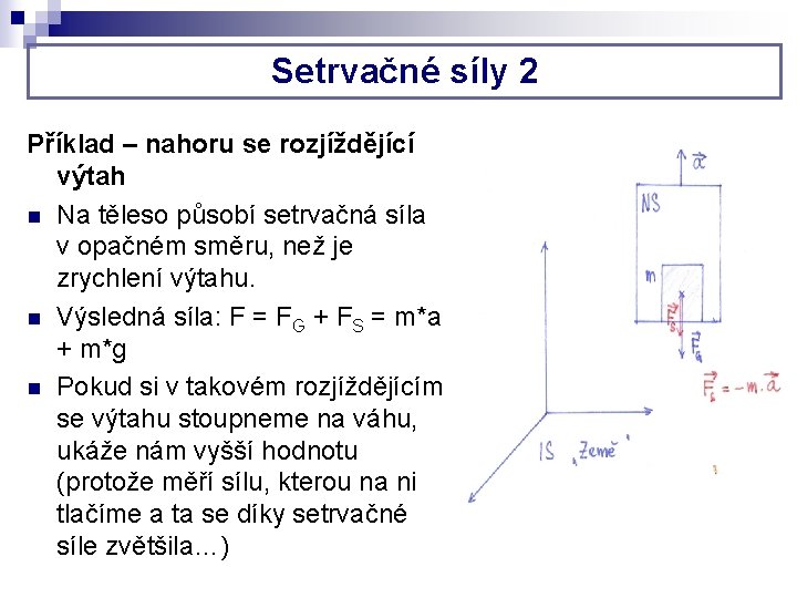 Setrvačné síly 2 Příklad – nahoru se rozjíždějící výtah n Na těleso působí setrvačná