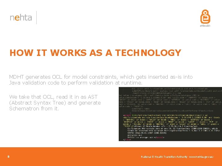 HOW IT WORKS AS A TECHNOLOGY MDHT generates OCL for model constraints, which gets HOW IT WORKS AS A TECHNOLOGY MDHT generates OCL for model constraints, which gets