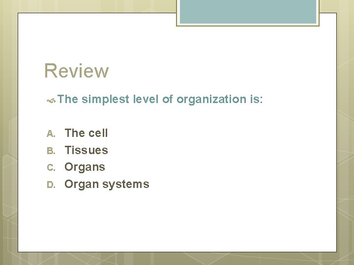 Review The A. B. C. D. simplest level of organization is: The cell Tissues