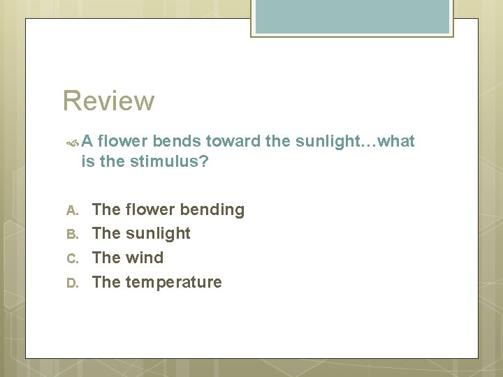 Review A flower bends toward the sunlight…what is the stimulus? A. B. C. D.