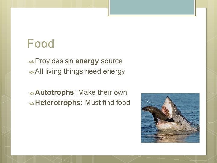 Food Provides an energy source All living things need energy Autotrophs: Make their own