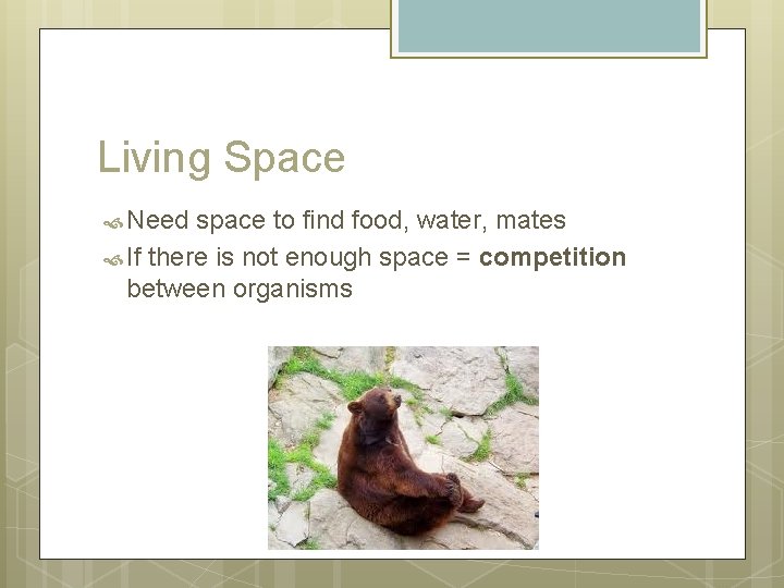 Living Space Need space to find food, water, mates If there is not enough