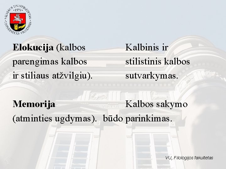 Elokucija (kalbos parengimas kalbos ir stiliaus atžvilgiu). Kalbinis ir stilistinis kalbos sutvarkymas. Memorija Kalbos Elokucija (kalbos parengimas kalbos ir stiliaus atžvilgiu). Kalbinis ir stilistinis kalbos sutvarkymas. Memorija Kalbos