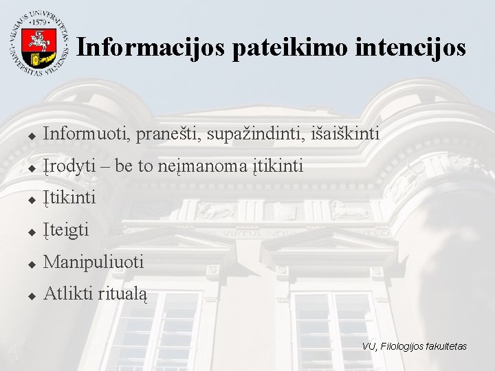 Informacijos pateikimo intencijos ◆ Informuoti, pranešti, supažindinti, išaiškinti ◆ Įrodyti – be to neįmanoma