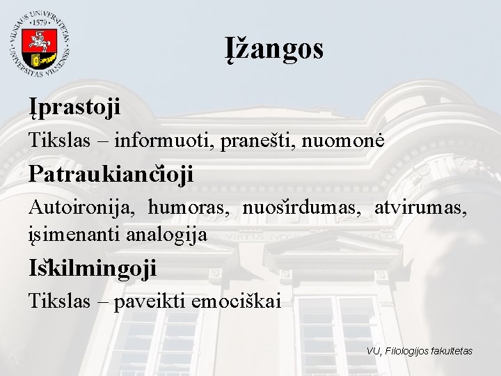 Įžangos Įprastoji Tikslas – informuoti, pranešti, nuomonė Patraukianc ioji Autoironija, humoras, nuos irdumas, atvirumas,