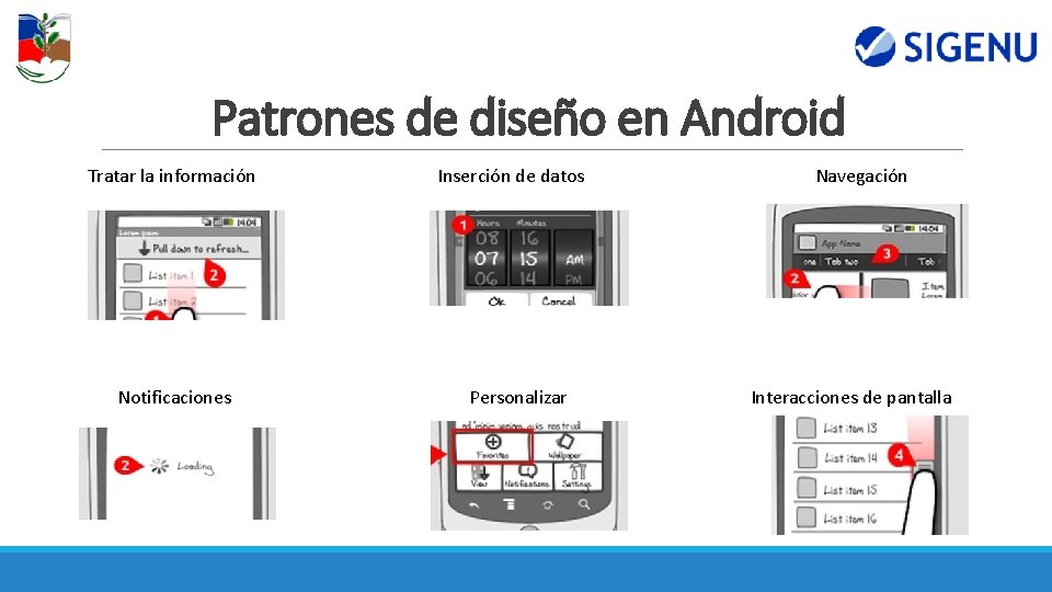 Patrones de diseño en Android Tratar la información Notificaciones Inserción de datos Personalizar Navegación Patrones de diseño en Android Tratar la información Notificaciones Inserción de datos Personalizar Navegación