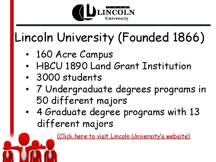 Lincoln University (Founded 1866) 160 Acre Campus HBCU 1890 Land Grant Institution 3000 students