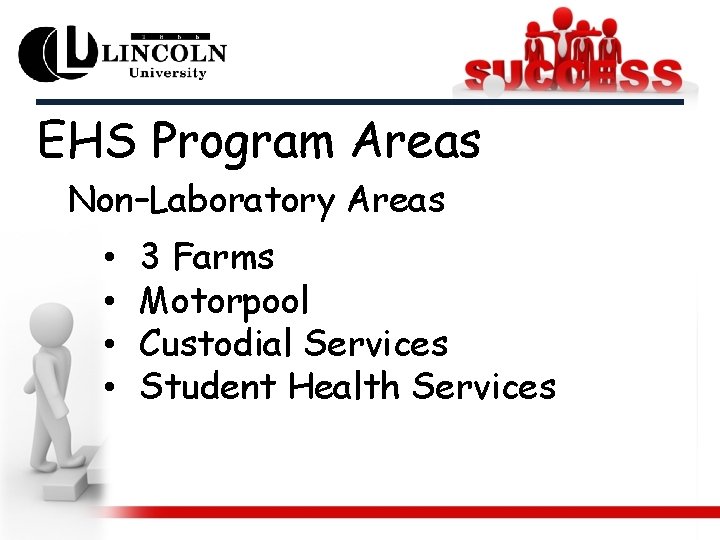 EHS Program Areas Non–Laboratory Areas • • 3 Farms Motorpool Custodial Services Student Health