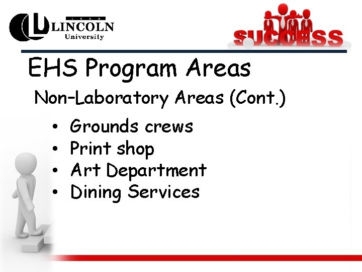 EHS Program Areas Non–Laboratory Areas (Cont. ) • • Grounds crews Print shop Art