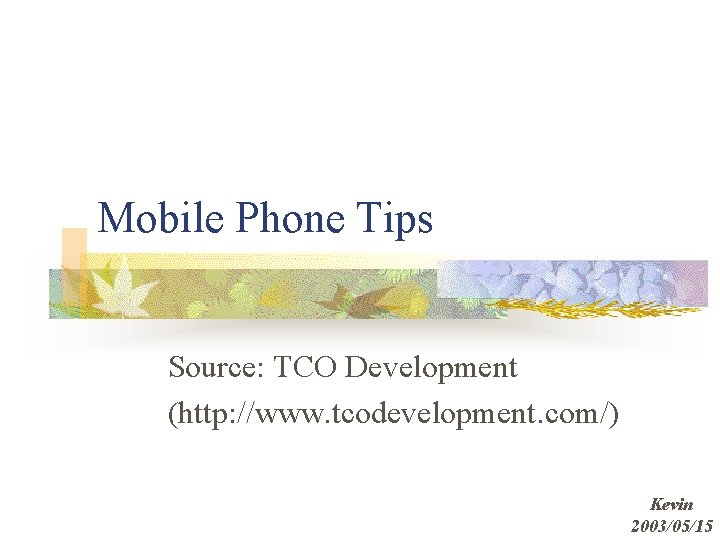 Mobile Phone Tips Source: TCO Development (http: //www. tcodevelopment. com/) Kevin 2003/05/15 