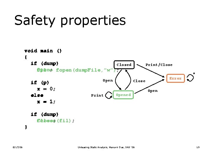 Safety properties void main () { if (dump) Closed Open; fil = fopen(dump. File,