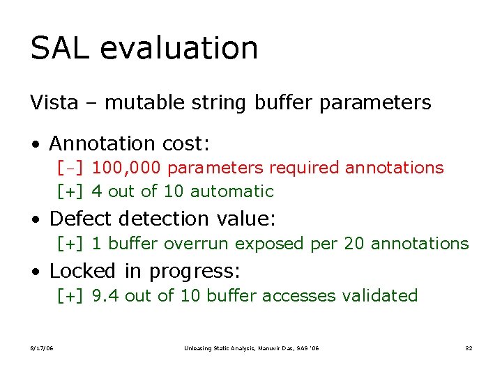 SAL evaluation Vista – mutable string buffer parameters • Annotation cost: [–] 100, 000