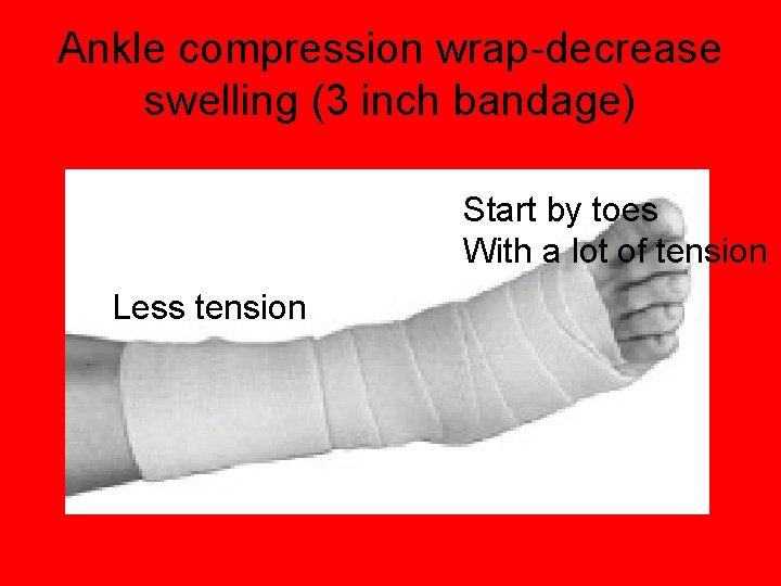 Ankle compression wrap-decrease swelling (3 inch bandage) Start by toes With a lot of