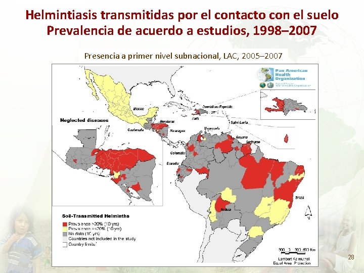 Helmintiasis transmitidas por el contacto con el suelo Prevalencia de acuerdo a estudios, 1998–