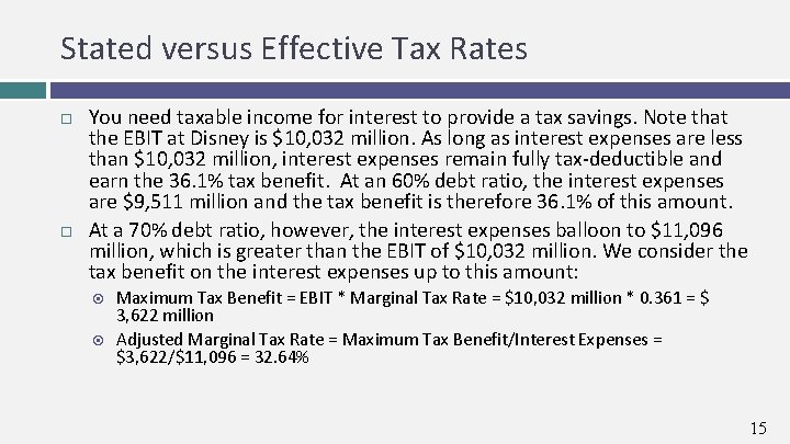 Stated versus Effective Tax Rates You need taxable income for interest to provide a