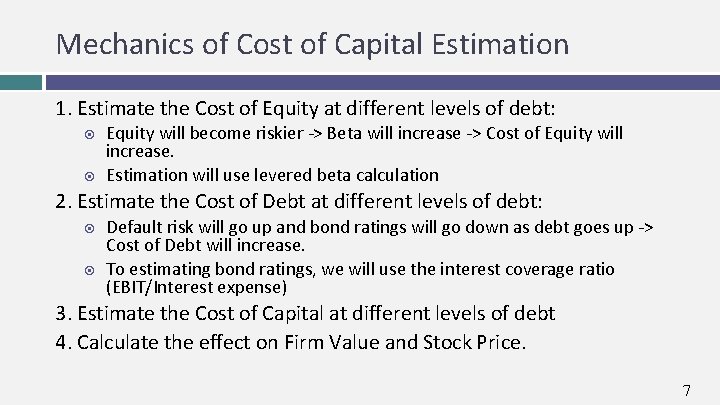 Mechanics of Cost of Capital Estimation 1. Estimate the Cost of Equity at different