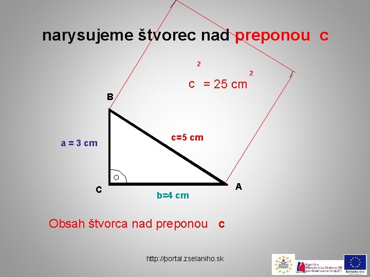 narysujeme štvorec nad preponou c 2 c = 25 cm B a = 3