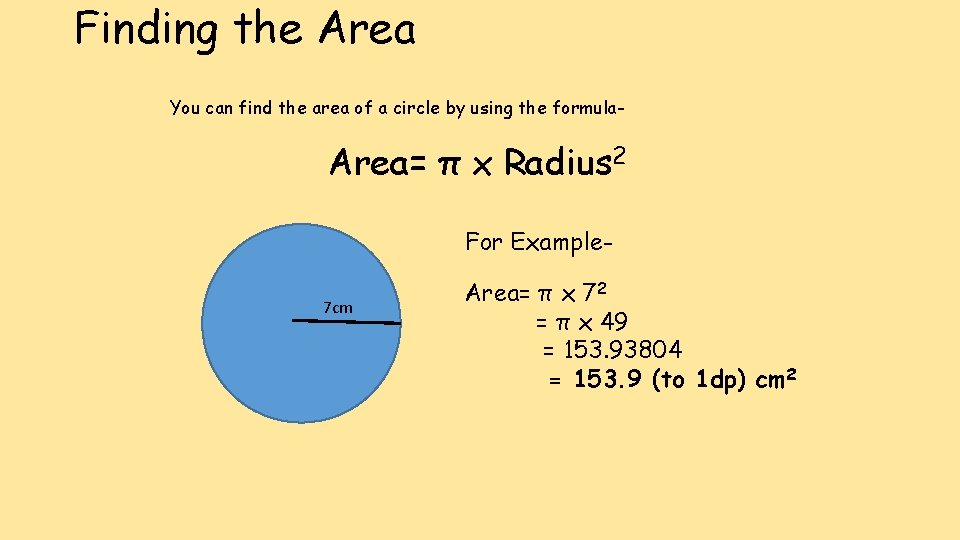 Finding the Area You can find the area of a circle by using the