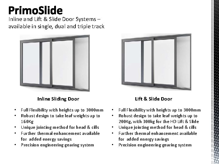 Inline and Lift & Slide Door Systems – available in single, dual and triple Inline and Lift & Slide Door Systems – available in single, dual and triple